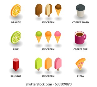 Simple Set of 3D Isometric Icons. Contains such Icons as orange, ice cream, coffee to go, lime, coffee cup, sausage, pizza.