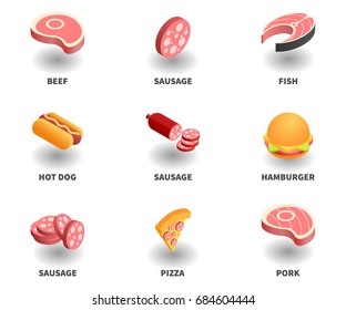 Simple Set of 3D Isometric Icons. Contains such Icons as beef, sausage, fish, hot dog, hamburger, pizza, pork.