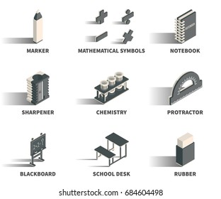 Simple Set of 3D Isometric Icons. Contains such Icons as marker, mathematical symbols, notebook, sharpener, chemistry, protractor, blackboard, school desk, rubber.