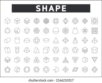 Conjunto simple de iconos de línea de vectores relacionados con formas 3D. Contiene iconos como geométricos, octógonos, triangulares, círculos, hexágonos, abstractos, cubos, símbolos lineales y más.