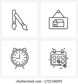 Simple Set of 4 Line Icons such as brush; time; paint; home banner; hours Vector Illustration