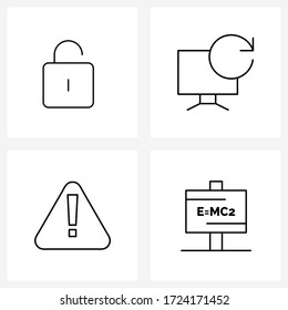 Conjunto simple de 4 iconos de línea, como desbloqueo; mensaje de error; bloqueo; recarga; ilustración vectorial de ecuación