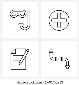 Simple Set of 4 Line Icons such as diving; text; snorkeling; plus; pencil Vector Illustration