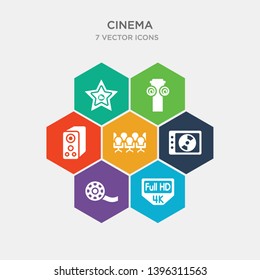 simple set of 4k fullhd, big film roll, dvd, cinema seats icons, contains such as icons loud woofer box, theatre pillar, hollywood star and more. 64x64 pixel perfect. infographics vector