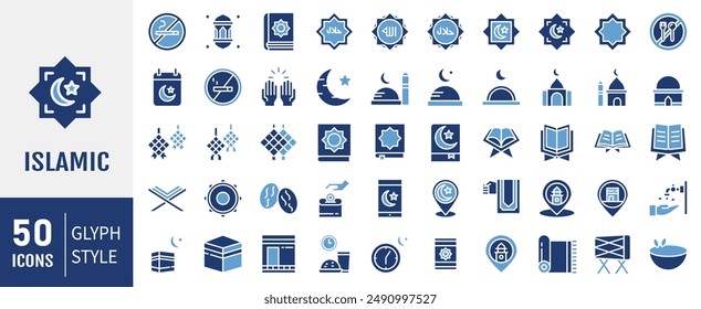 Simple Set of 50 glyph Islamic Vector Icons set. Glyph Symbol Collection.