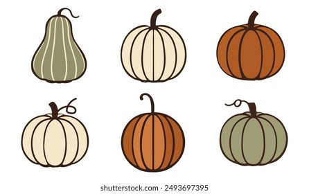 Un simple juego de 6 calabazas. Conjunto de otoño dibujado a mano. Otoño, Acción de Gracias, temporada de calabazas.