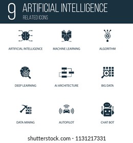 Simple Set of 9 Artificial Intelligence Related Icons. Contains such Icons as Algorithm, Big data, Chat Bot and more. concept symbol creative design. Can be used for web UI/UX
