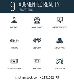 Simple Set of 9 Augmented reality Related Icons. Contains such Icons as Augmented reality, AR game, AR presentation and more. concept symbol creative design. Can be used for web UI/UX