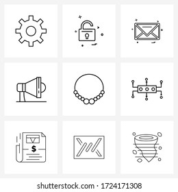 Simple Set of 9 Line Icons such as necklace; speaker; chat; megaphone; advertisement Vector Illustration