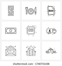 Simple Set of 9 Line Icons such as date; foreign; file; foreign exchange; back Vector Illustration