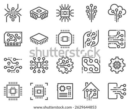 A simple set of abstract electronic vector line icons. Contains icons such as Spider Bot, Chip, Circuit, Abstract Electronic Module and more