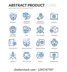 Simple Set of Abstract Product Related Vector Line Icons. Contains such Icons as Product Research, Module, Application and more. Editable Stroke. 64x64 Pixel Perfect.