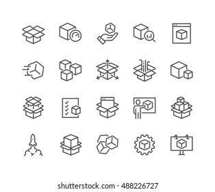 Simple Set of Abstract Product Related Vector Line Icons. 
Contains such Icons as Unit, Module, Product Release, Presentation and more.
Editable Stroke. 48x48 Pixel Perfect.