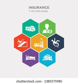 simple set of accident, hospitalization, fall accident, car accident icons, contains such as icons falling from stairs, insurance agent, hand and more. 64x64 pixel perfect. infographics vector