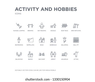 simple set of activity and hobbies vector line icons. contains such icons as acting, aquarium, arrest, baccarat, baking, balancing, ball pit, ballerina, barbeque and more. editable pixel perfect.