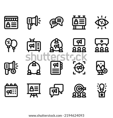 simple set of advertising icon with line style. Contains such icon as ecommerce, megaphone, communication and more. Pixel perfect icon. 32 px grid. Editable stroke