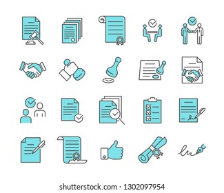 Juego simple de iconos de línea de vectores relacionados con el acuerdo. Contiene iconos como contrato, acuerdo, protocolo de enlace, licencia, documentos, firma, sello, transacción, negocio y más. - Vector