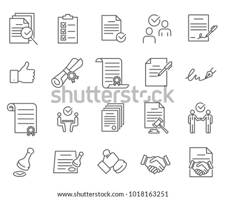 Simple Set of agreement Related Vector Line Icons. Contains such Icons as contract, agreement, handshake, license, documents, signature, stamp, transaction, business and more.