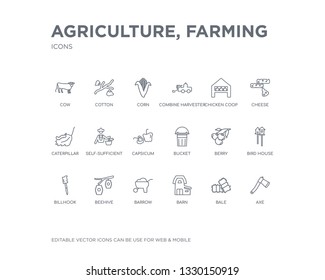 simple set of agriculture, farming vector line icons. contains such icons as axe, bale, barn, barrow, beehive, billhook, bird house, berry, bucket and more. editable pixel perfect.