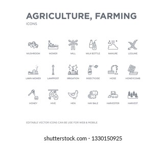 simple set of agriculture, farming vector line icons. contains such icons as harvest, harvester, hay bale, hen, hive, honey, honeycomb, hose, insecticide and more. editable pixel perfect.