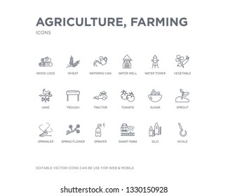 simple set of agriculture, farming vector line icons. contains such icons as sickle, silo, smart farm, sprayer, spring flower, sprinkler, sprout, sugar, tomato and more. editable pixel perfect.
