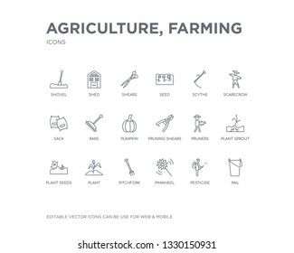 simple set of agriculture, farming vector line icons. contains such icons as pail, pesticide, pinwheel, pitchfork, plant, plant seeds, plant sprout, pruners, pruning shears and more. editable pixel