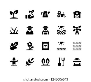 Simple Set of Agriculture Related Vector Glyph Icons. Contains such Icons as plant, farm, barn, sack, scarecrow and More. pixel perfect vector icons based on 32px grid. Well Organized