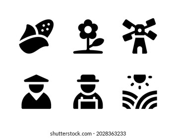 Simple Set of Agriculture Related Vector Solid Icons. Contains Icons as Corn, Farmer, Sunny Fields, Windmill and more.