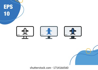 Einfache Zusammenstellung des Fluggeräts mit Flugbuchungskarte auf dem Desktop-Symbol mit Linien, flachen und gefüllten Linien. EPS10. Bearbeitbarer Stroke und Pixel perfekt.