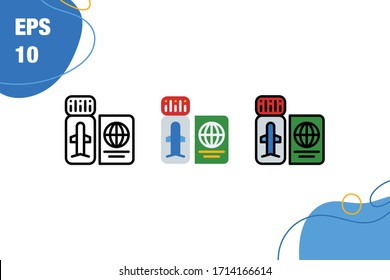 Simple Set of Airplane Ticket with Passport Icon with line, flat, and filled line. EPS 10. Editable Stroke and Pixel Perfect.