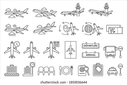 Simple Set Of Airport And Airplane Related Vector Icon Lineal Style Icon Design. Contains Such Illustration As Landing, Takeoff, Climbing, Command Center Tower, Ticketing, Schedule, Time, Passport