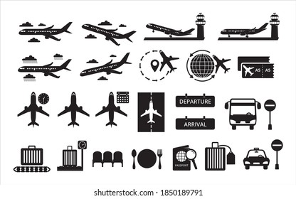 Simple Set Of Airport And Airplane Related Vector Icon Flat Style Icon Design. Contains Such Illustration As Landing, Takeoff, Climbing, Command Center Tower, Ticketing, Schedule, Time, Passport