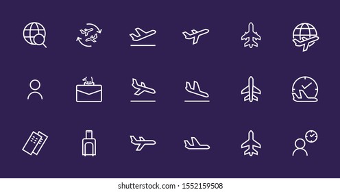 A simple set of airport related vector line icons. Contains badges such as departure, boarding, waiting time, boarding, find a place to travel tickets, and much more. Editable stroke. 48x48 pixels