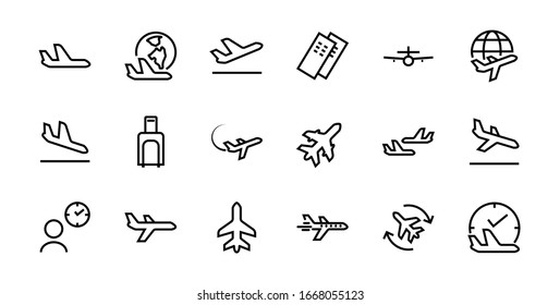  A simple set of airport related vector line icons. Contains badges such as departure, boarding, waiting time, boarding, find a place to travel tickets, and much more. Editable stroke. 48x48 pixels.