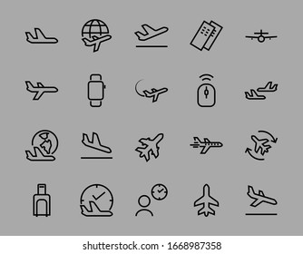  Un simple conjunto de iconos de línea vectorial relacionados con el aeropuerto. Contiene insignias como salida, embarque, tiempo de espera, embarque, búsqueda de un lugar para viajar y mucho más. Trazo editable. 48x48 píxeles.