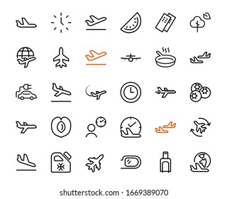  Un simple conjunto de iconos de línea vectorial relacionados con el aeropuerto. Contiene insignias como salida, embarque, tiempo de espera, embarque, búsqueda de un lugar para viajar y mucho más. Trazo editable. 48x48 píxeles.