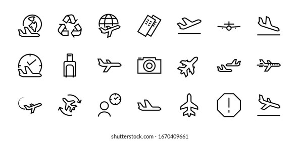  A simple set of airport related vector line icons. Contains badges such as departure, boarding, waiting time, boarding, find a place to travel tickets, and much more. Editable stroke. 48x48 pixels.