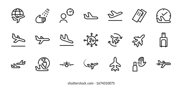 A simple set of airport related vector line icons. Contains badges such as departure, boarding, waiting time, boarding, find a place to travel tickets, and much more. Editable stroke. 48x48 pixels.