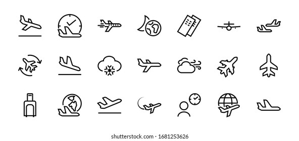  A simple set of airport related vector line icons. Contains badges such as departure, boarding, waiting time, boarding, find a place to travel tickets, and much more. Editable stroke. 48x48 pixels.