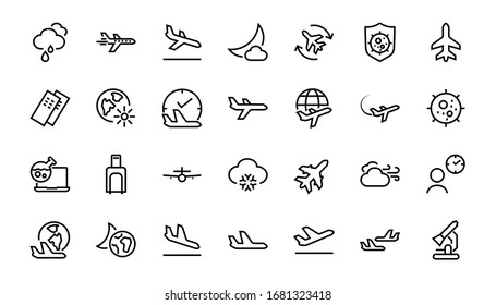 A simple set of airport related vector line icons. Contains badges such as departure, boarding, waiting time, boarding, find a place to travel tickets, and much more. Editable stroke. 48x48 pixels.