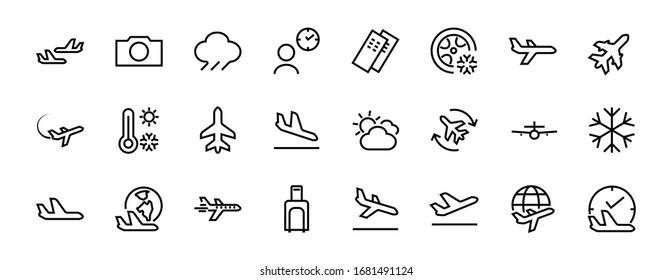 A simple set of airport related vector line icons. Contains badges such as departure, boarding, waiting time, boarding, find a place to travel tickets, and much more. Editable stroke. 48x48 pixels.