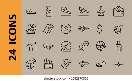  A simple set of airport related vector line icons. Contains badges such as departure, boarding, waiting time, boarding, find a place to travel tickets, and much more. Editable stroke. 48x48 pixels.