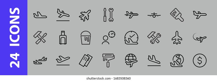  A simple set of airport related vector line icons. Contains badges such as departure, boarding, waiting time, boarding, find a place to travel tickets, and much more. Editable stroke. 48x48 pixels.