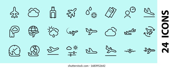 Ein einfacher Satz von Vektorillustration-Icons für Flughäfen. Enthält Badges wie Abflug, Boarding, Wartezeit, Boarding, finden Sie einen Platz für Fahrkarten und vieles mehr. Bearbeitbarer Strich. 48 x 48 Pixel.