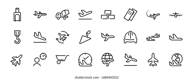  A simple set of airport related vector line icons. Contains badges such as departure, boarding, waiting time, boarding, find a place to travel tickets, and much more. Editable stroke. 48x48 pixels.