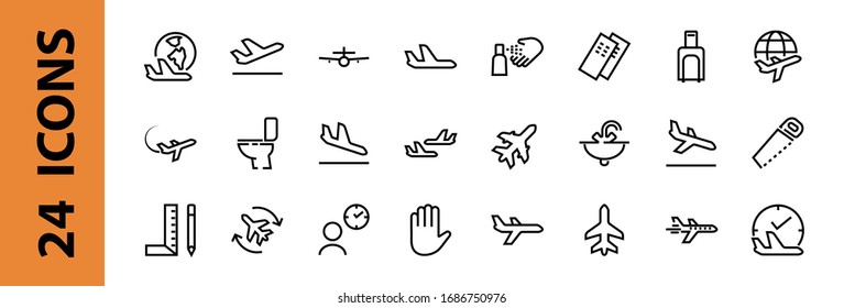  A simple set of airport related vector line icons. Contains badges such as departure, boarding, waiting time, boarding, find a place to travel tickets, and much more. Editable stroke. 48x48 pixels.