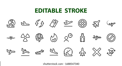 Un simple conjunto de iconos de línea vectorial relacionados con el aeropuerto. Contiene insignias como salida, embarque, tiempo de espera, embarque, búsqueda de un lugar para viajar y mucho más. Trazo editable. 48x48 píxeles.