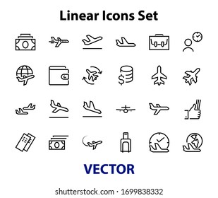  A simple set of airport related vector line icons. Contains badges such as departure, boarding, waiting time, boarding, find a place to travel tickets, and much more. Editable stroke. 48x48 pixels.