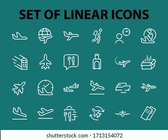 A simple set of airport related vector line icons. Contains badges such as departure, boarding, waiting time, boarding, find a place to travel tickets, and much more. Editable stroke. 48x48 pixels.