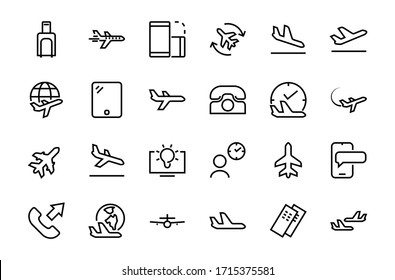 A simple set of airport related vector line icons. Contains badges such as departure, boarding, waiting time, boarding, find a place to travel tickets, and much more. Editable stroke. 48x48 pixels.